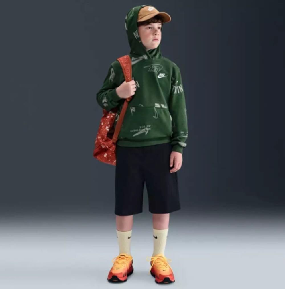 Nike Kids Hoodie Boys XS NWT Allover Print Fleece Pullover Green Swoosh